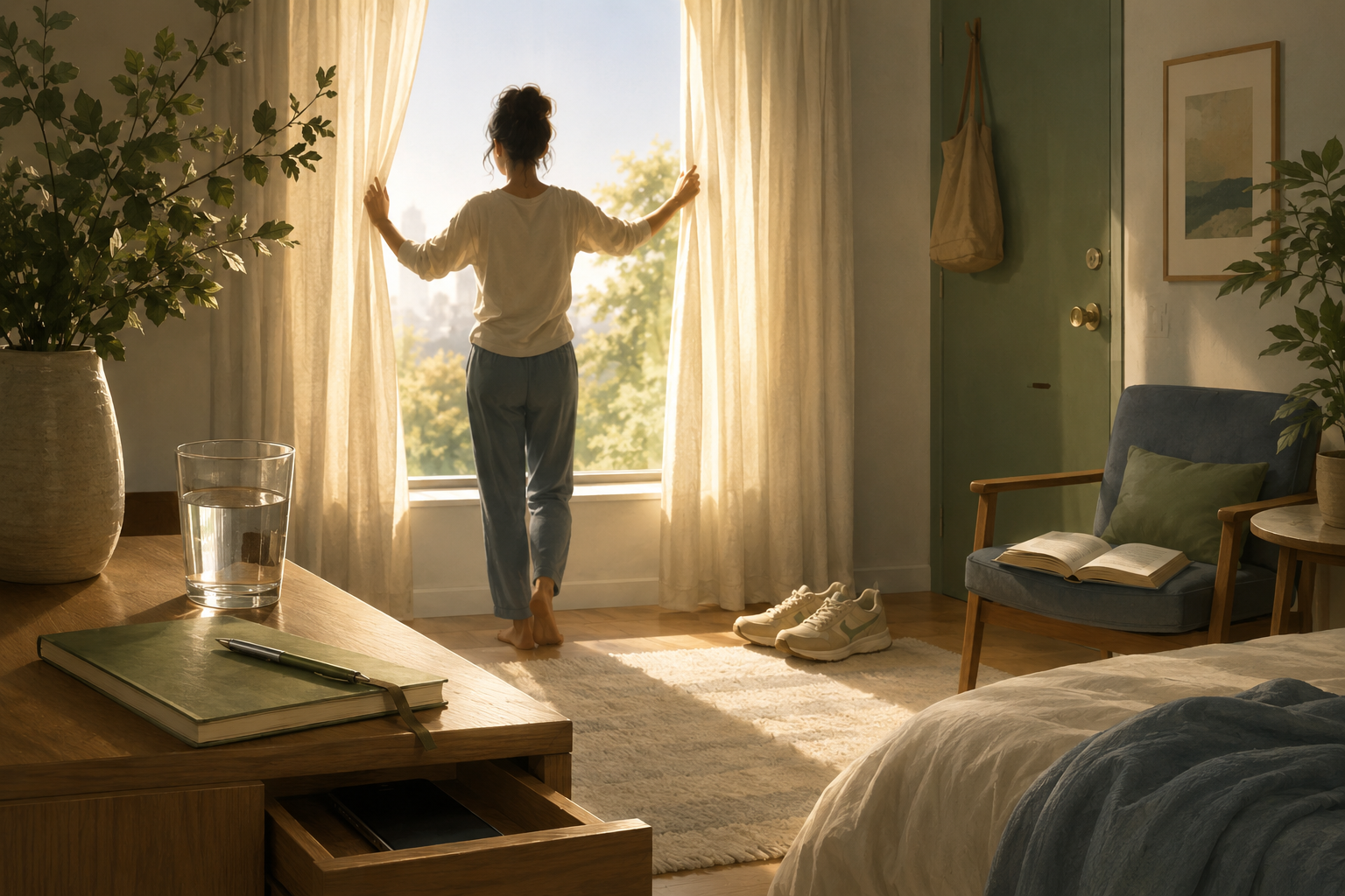 水やノート、靴、本を整えた朝の部屋でカーテンを開ける女性のイメージ