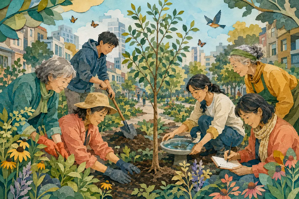 地域の庭で世代を超えて木を植え、生き物を観察する人たち