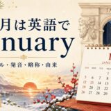 1月は英語でJanuaryと表し、スペル・発音・略称・Janus由来を紹介するイラスト