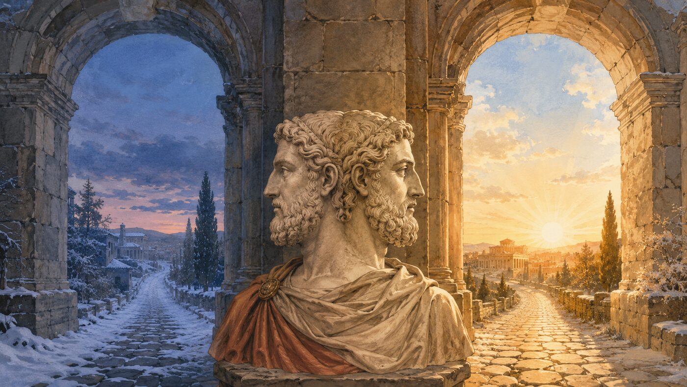 Januaryの由来となったローマ神話の神Janus。過去と未来を向く二つの顔と、冬の夕暮れから新しい朝へ続く門を描いたイラスト
