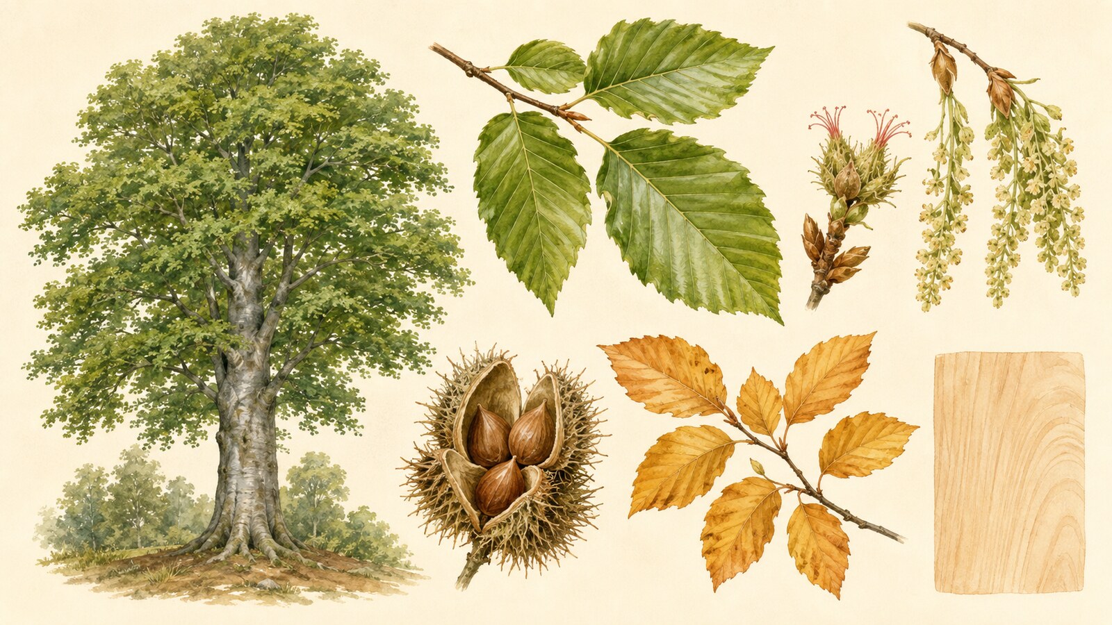 ブナの大木・灰色の樹皮・葉・花・殻斗・三角形の実・黄葉・木材の植物図解