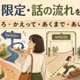 むしろ・かえって・あくまで・あいにくなど、対比・限定・話の流れを英語で表す方法の比較イラスト