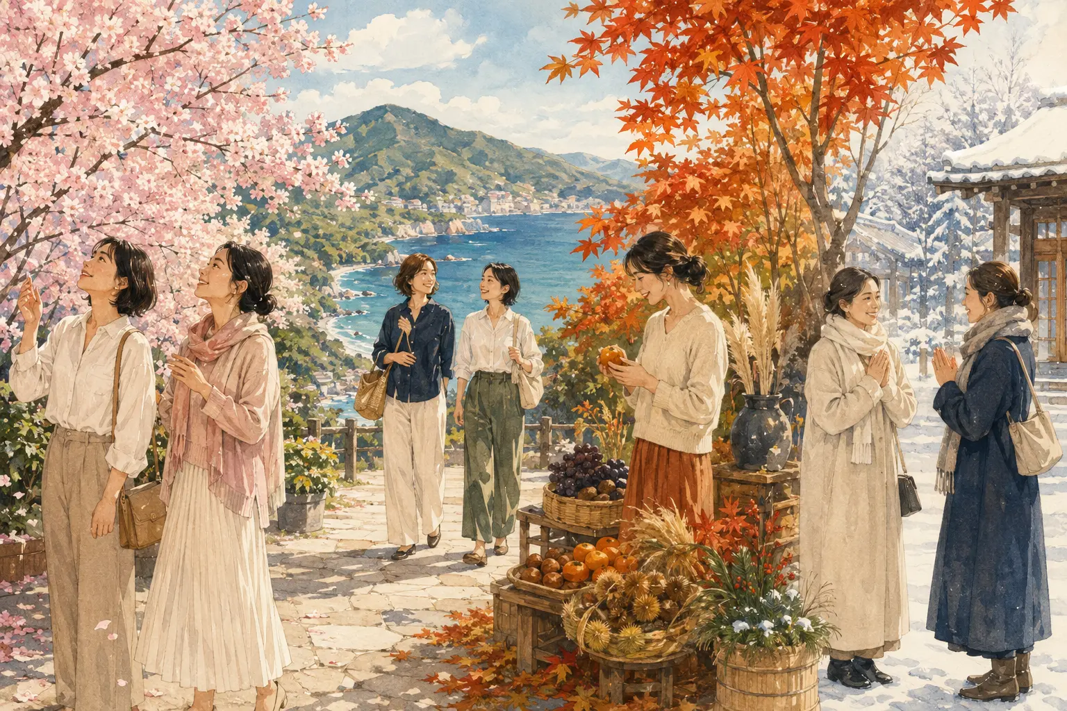 桜、海と山、紅葉と収穫、雪景色を通して日本の祝日の四季を楽しむ女性たち