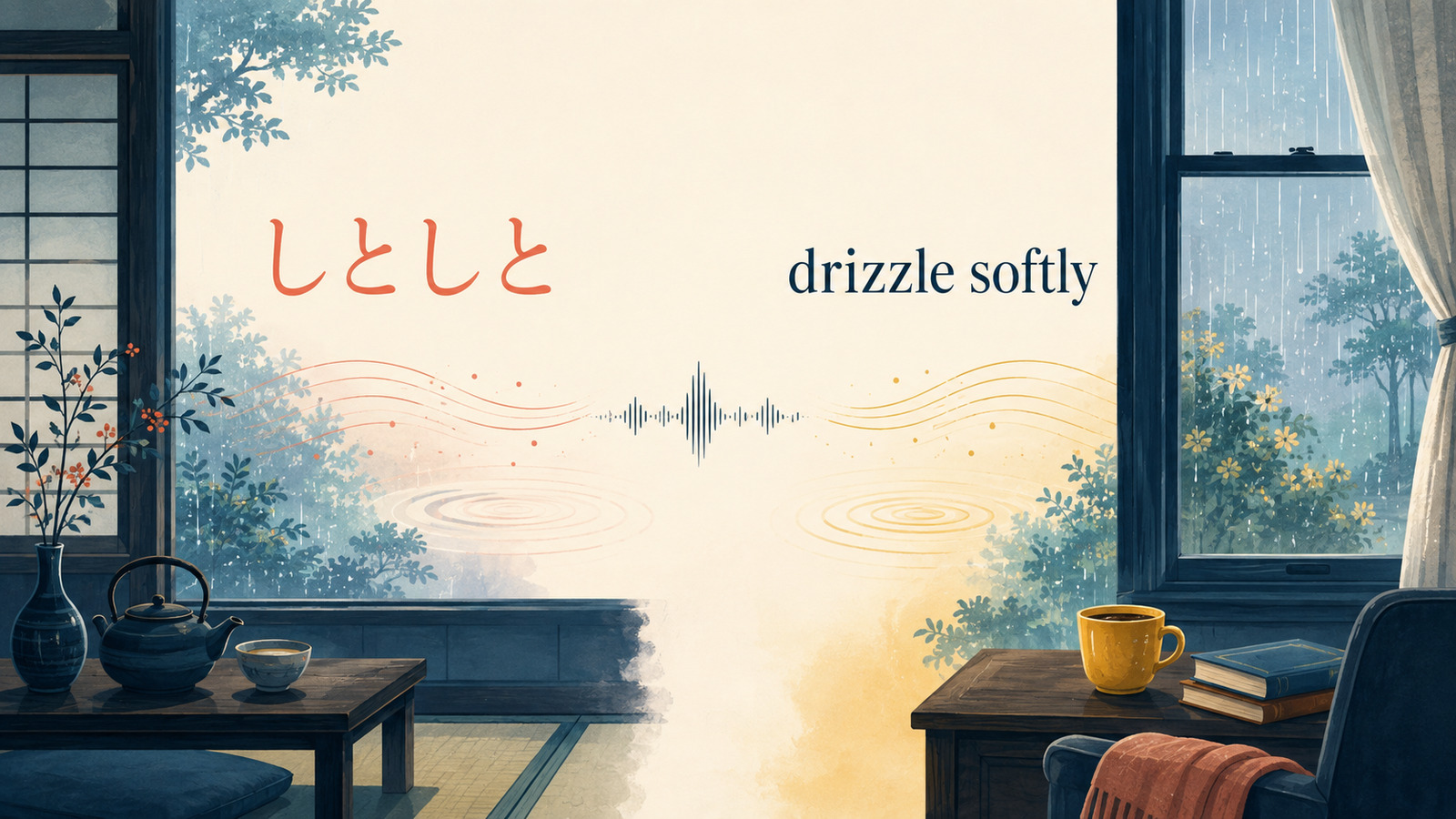 日本語のしとしとと英語のdrizzle softlyを比べた表意語のイラスト