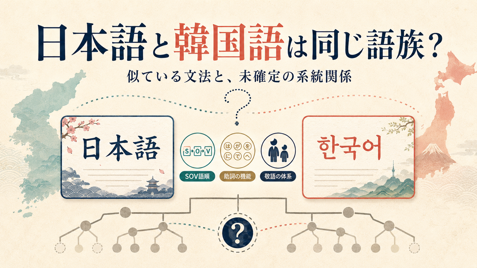 日本語と韓国語の文法上の類似と未確定の系統関係を示す図