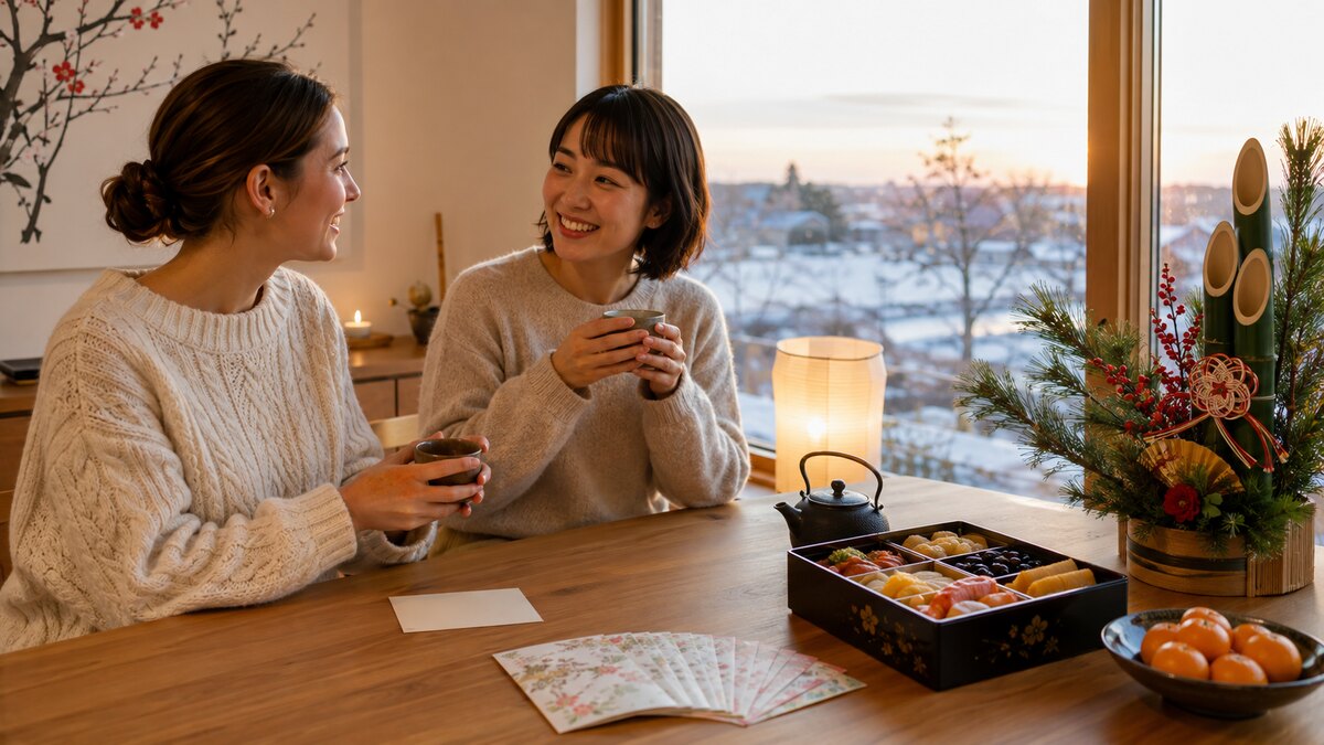 日本の年末年始の文化について英語で会話する女性たち