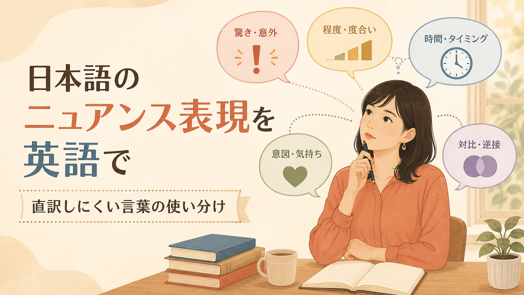日本語のニュアンス表現を英語で自然に使い分けるイラスト