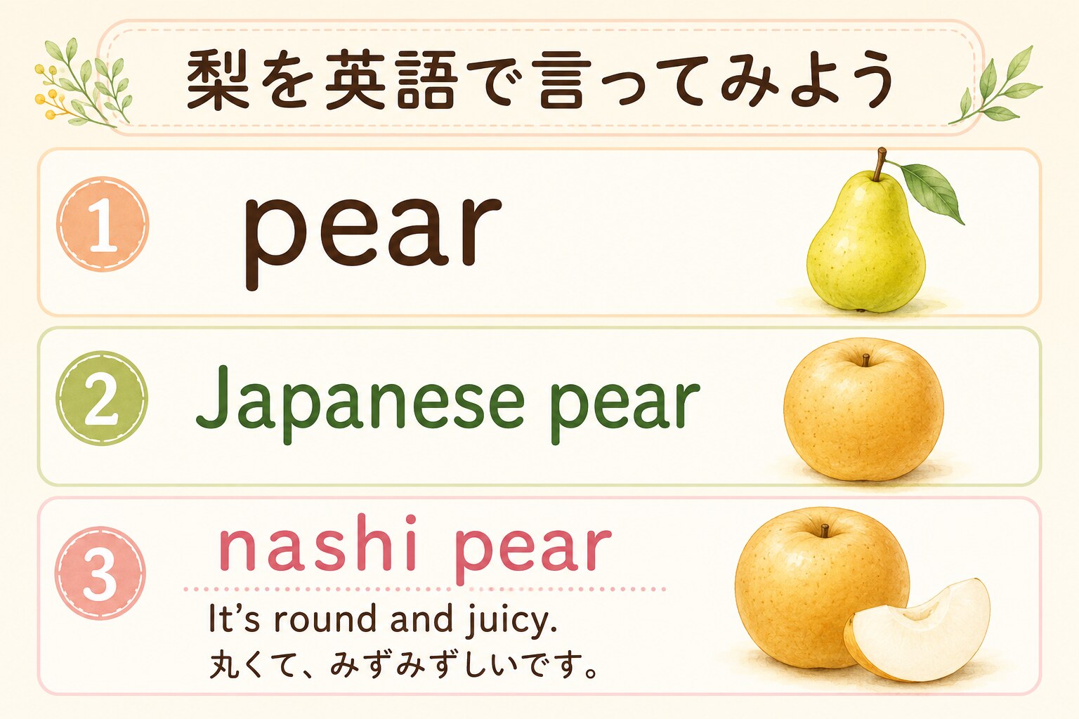 pearとJapanese pear、nashi pear、簡単な言い換えを紹介する英語学習図解