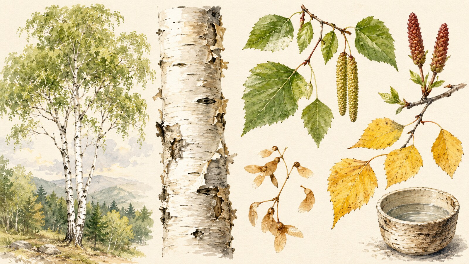 白樺の木・白い樹皮・鋸歯のある葉・花穂・翼のある種・黄葉・樹液の植物図解