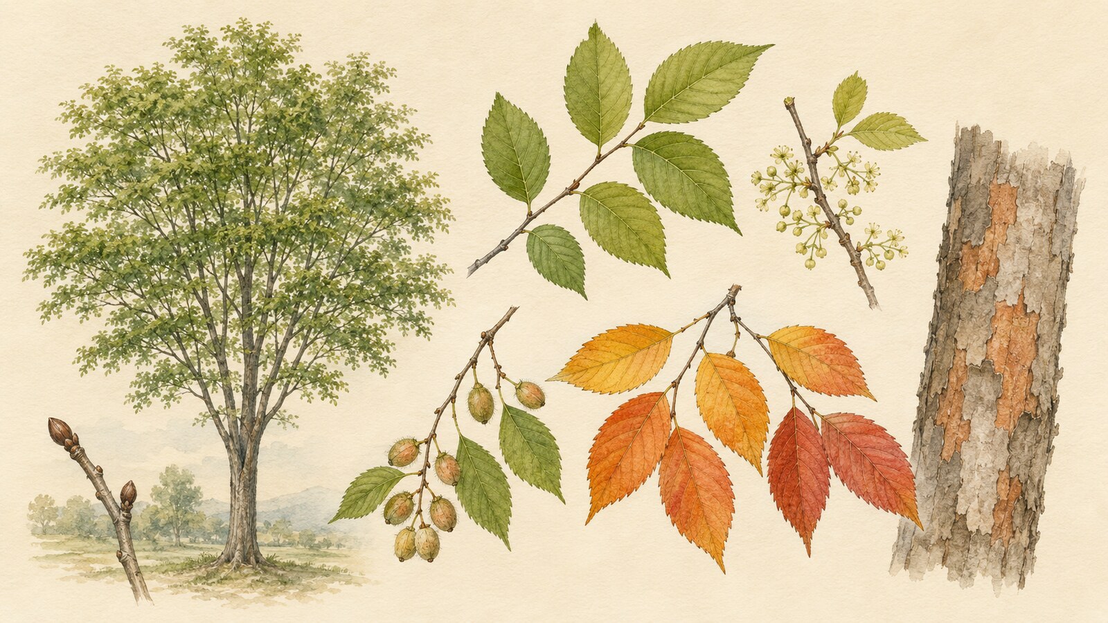欅の樹形・鋸歯のある葉・花・実・紅葉・まだらに剥がれる樹皮の植物図解