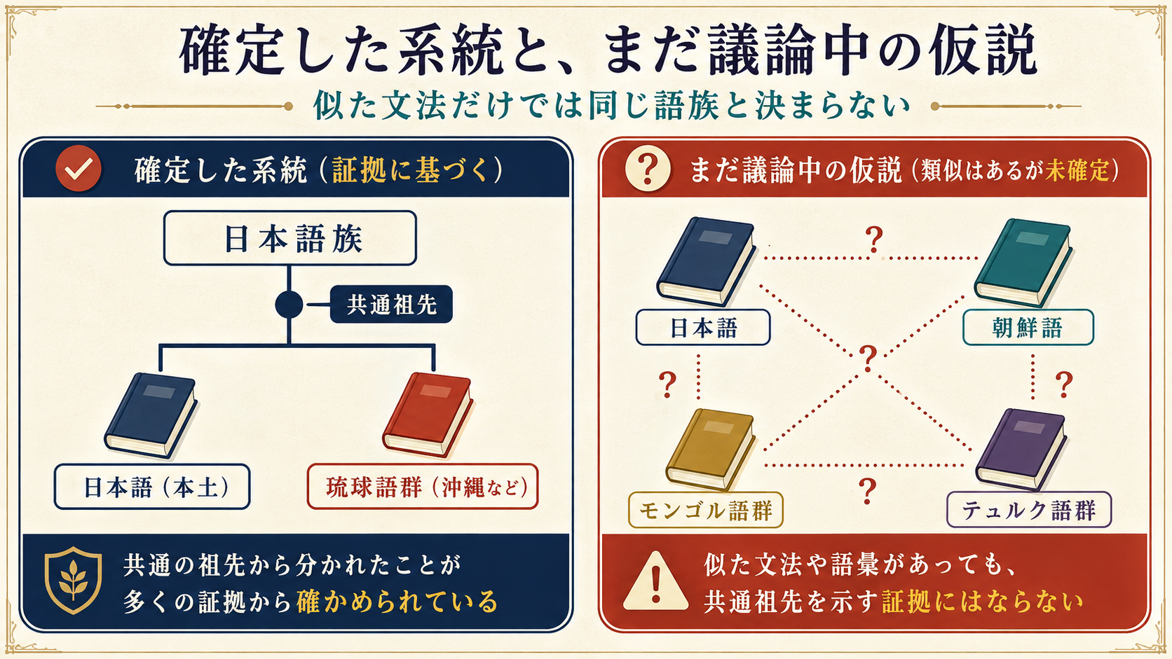 日本語と琉球諸語の確定した系統関係と韓国語・モンゴル語族・テュルク語族との仮説を区別する図