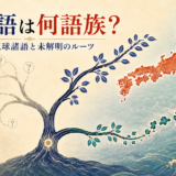 日本語と琉球諸語が共通祖先から分かれた日本語族と未解明のルーツを示す図