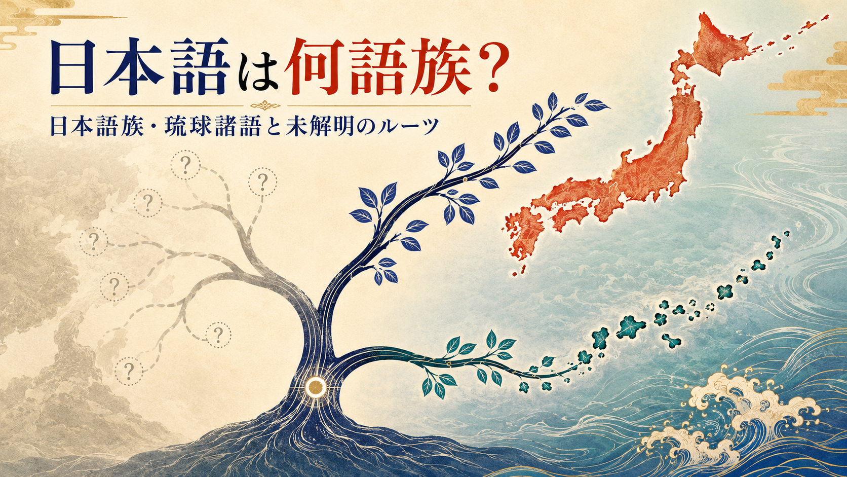日本語と琉球諸語が共通祖先から分かれた日本語族と未解明のルーツを示す図