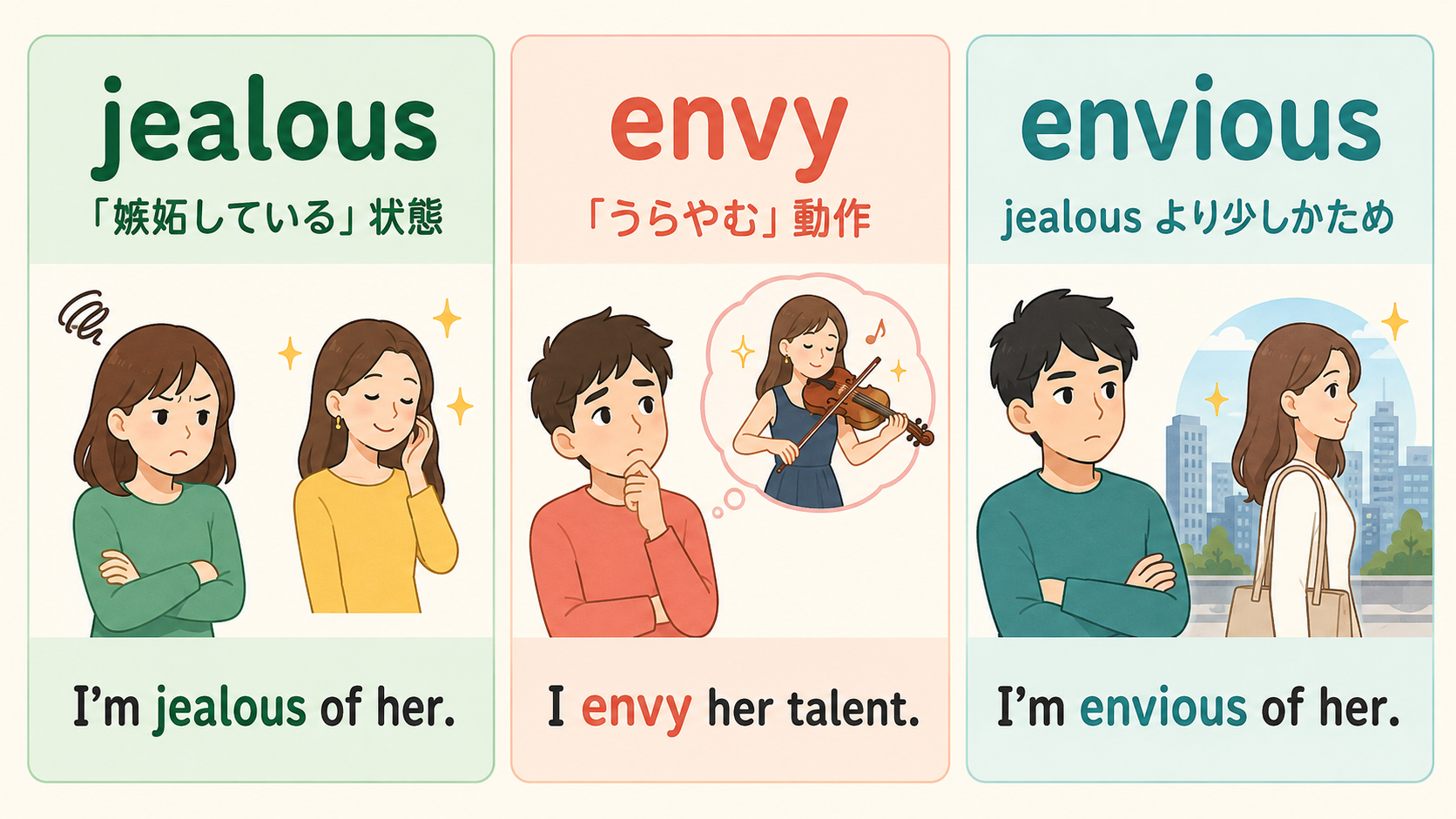 jealous、envy、enviousの違いを示す比較図
