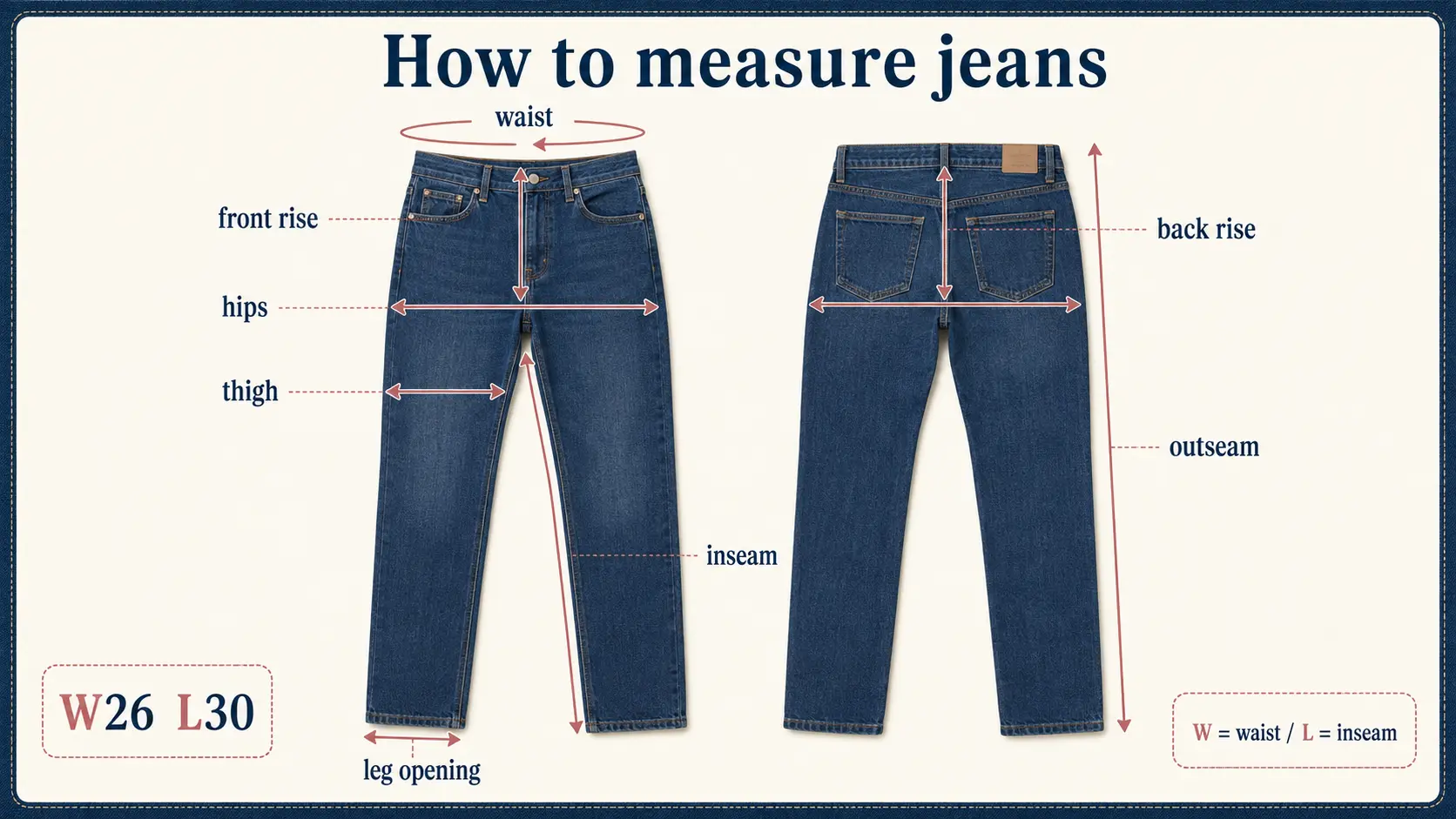 waist・rise・hips・inseamなどジーンズの採寸英語図解