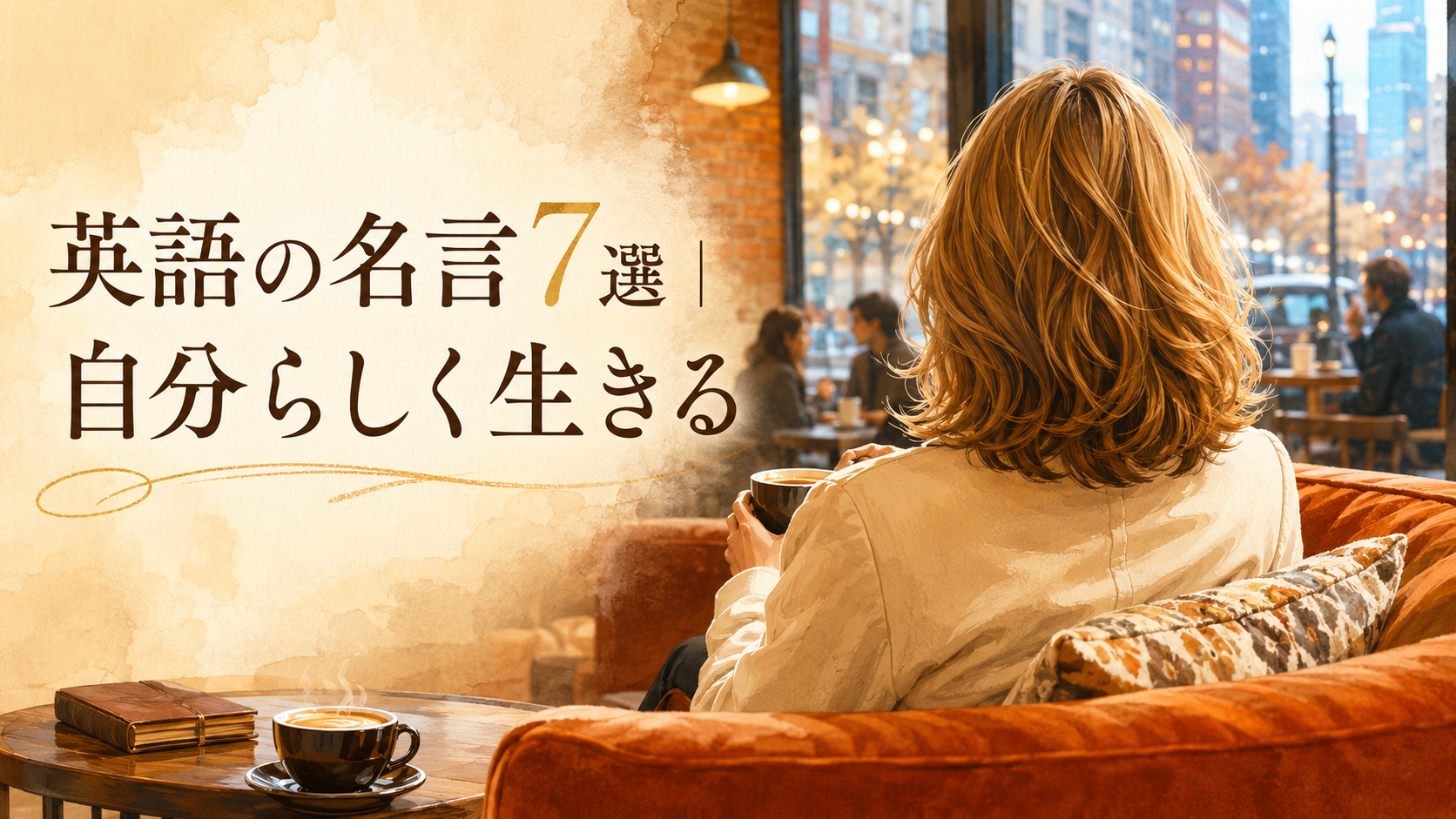 ジェニファー・アニストンを連想させるハニーブロンドの女性と、フレンズの雰囲気があるニューヨークのカフェを描いた名言記事のイラスト