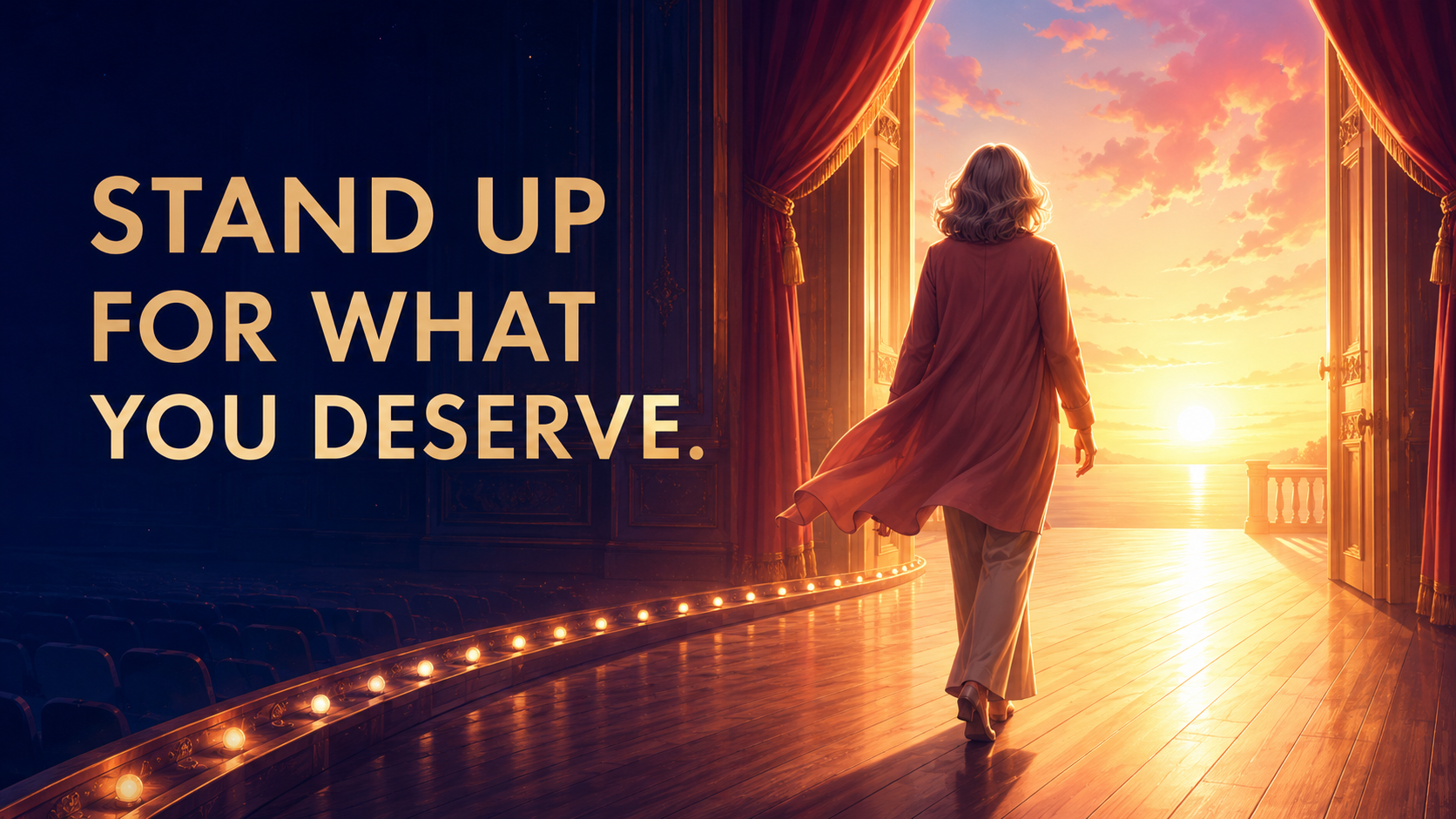 Stand up for what you deserve. という英語の言葉と、自分の望みに向かって歩く女性のイラスト