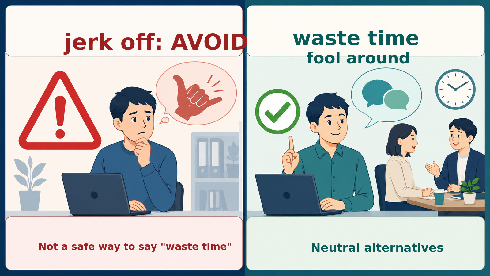 jerk offを時間を無駄にするの意味で使わずwaste timeやfool aroundと言い換える解説画像