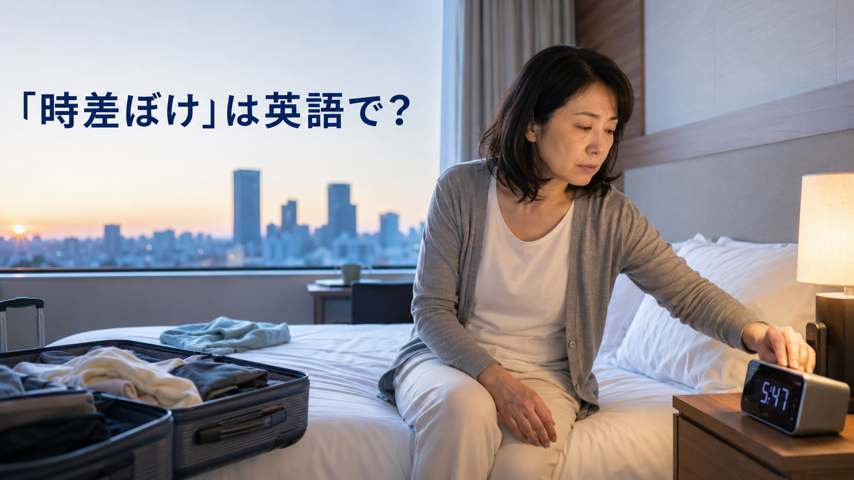 海外のホテルで時差ぼけに悩む女性
