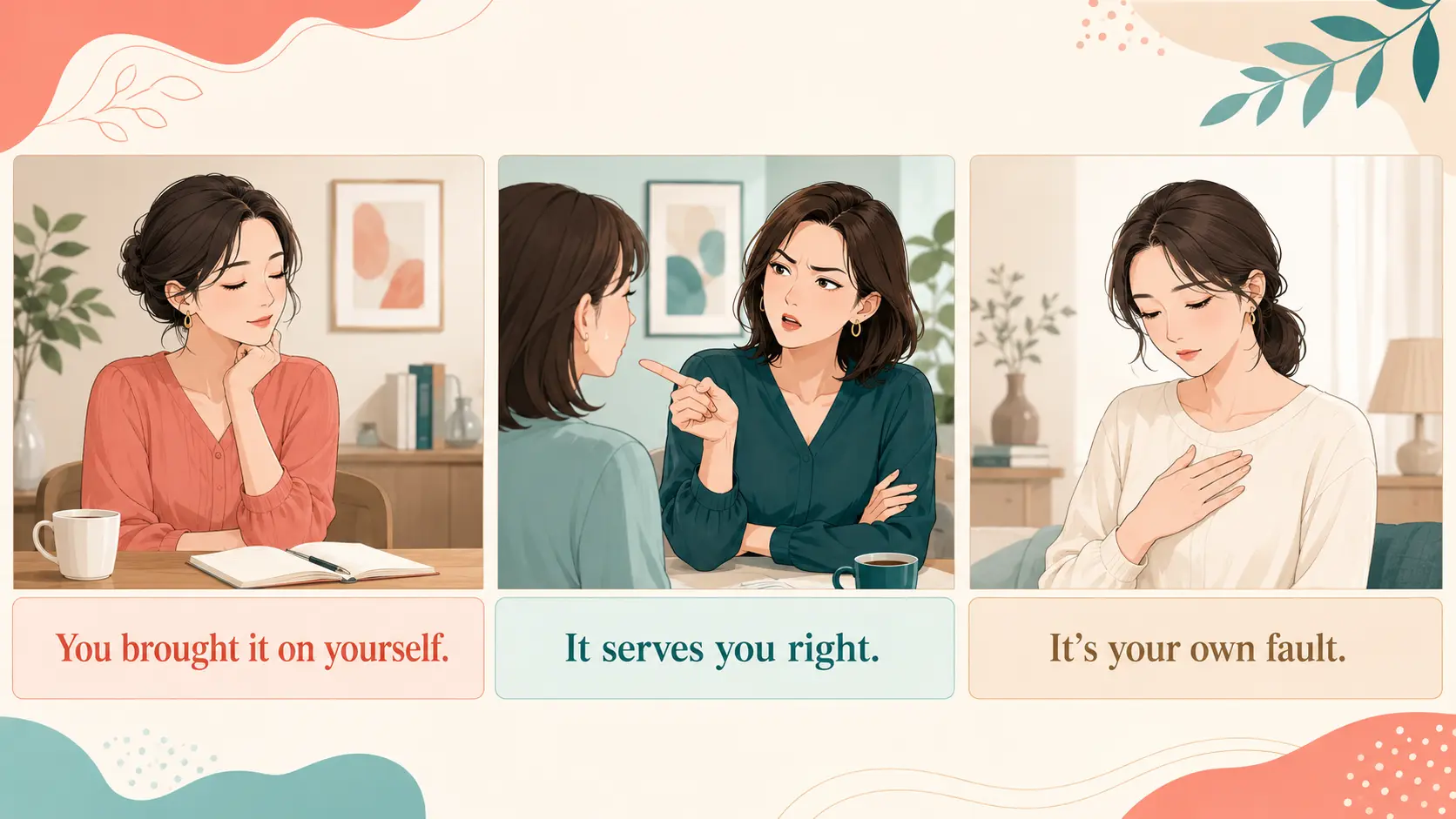 You brought it on yourself、It serves you right、It’s your own faultのニュアンス比較