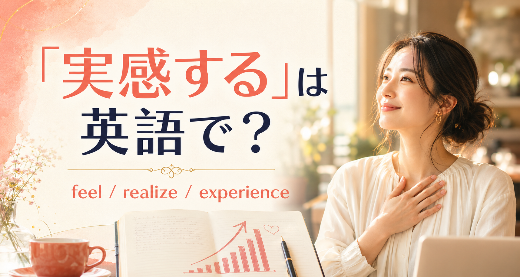 「実感する」は英語で?feel、realize、experienceを紹介するアイキャッチ