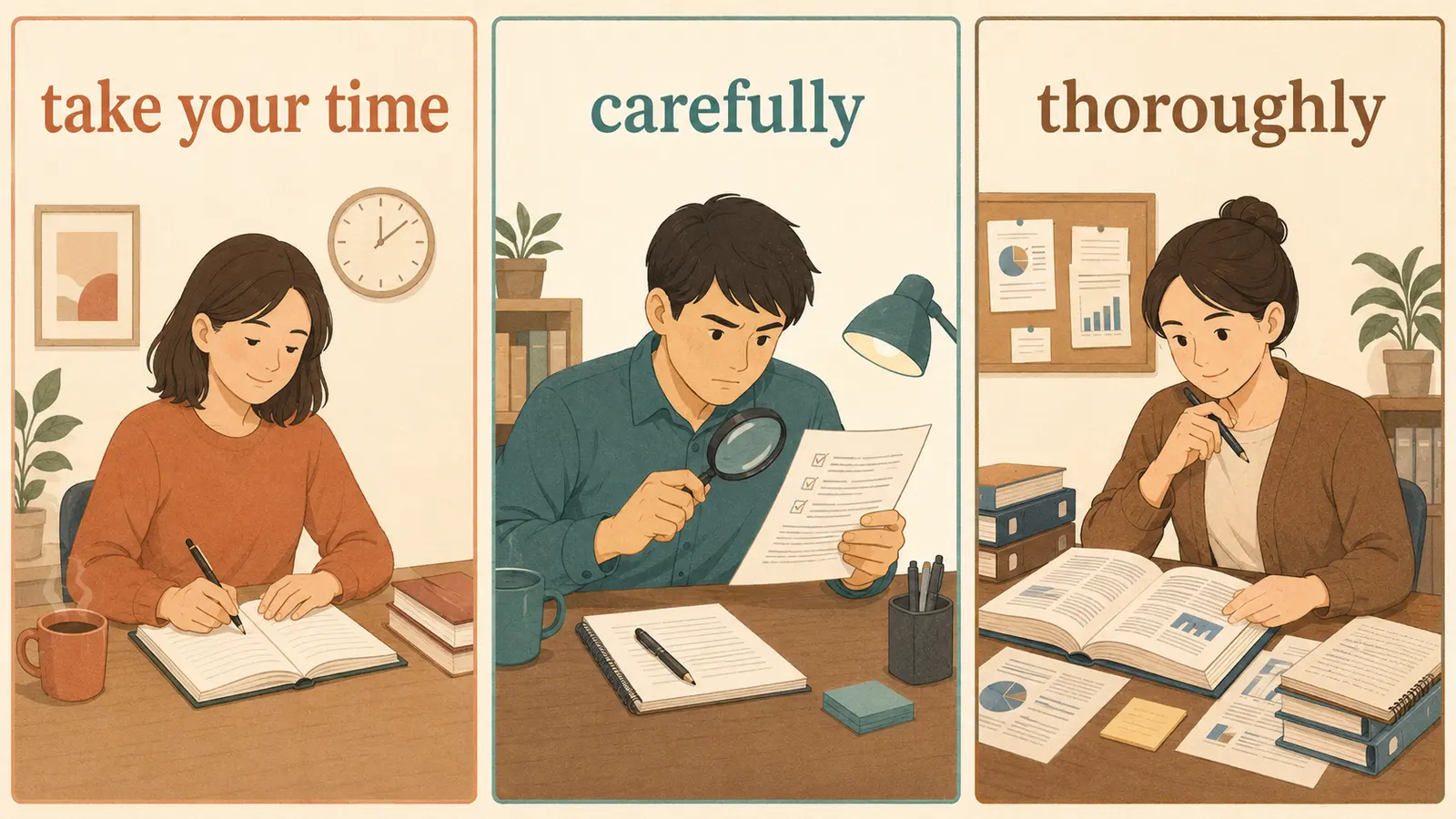 take your time、carefully、thoroughlyのニュアンス比較