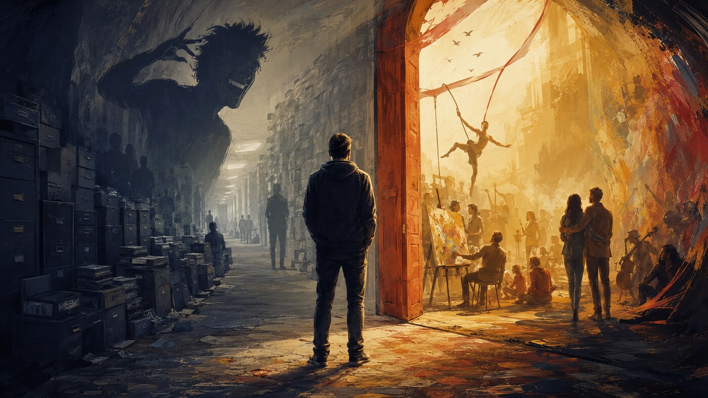 恐れに見立てた灰色の通路と愛に見立てた創造的な光の扉を選ぶ人物のイラスト