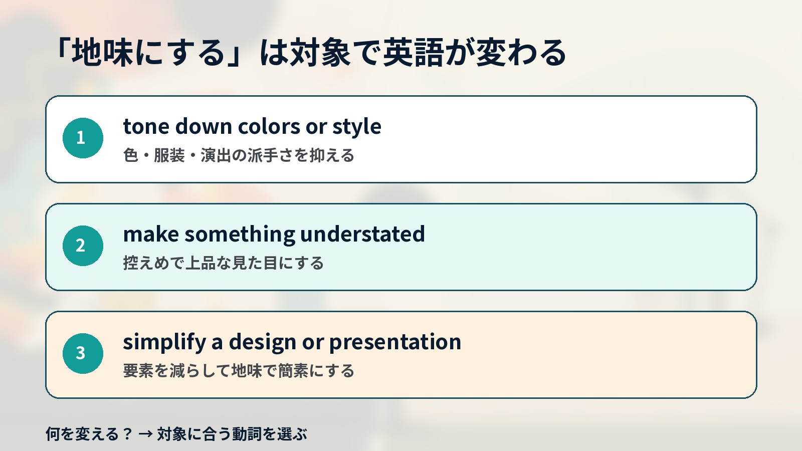 地味にするときの英語を対象別に使い分ける解説イラスト