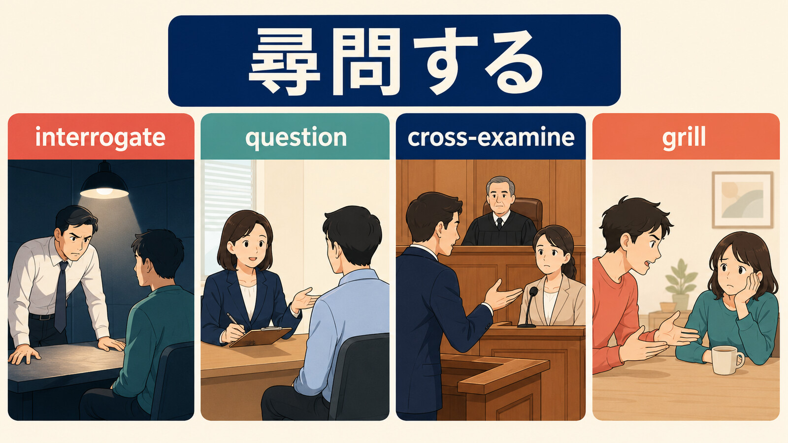 尋問するをinterrogate、question、cross-examine、grillに分けた図