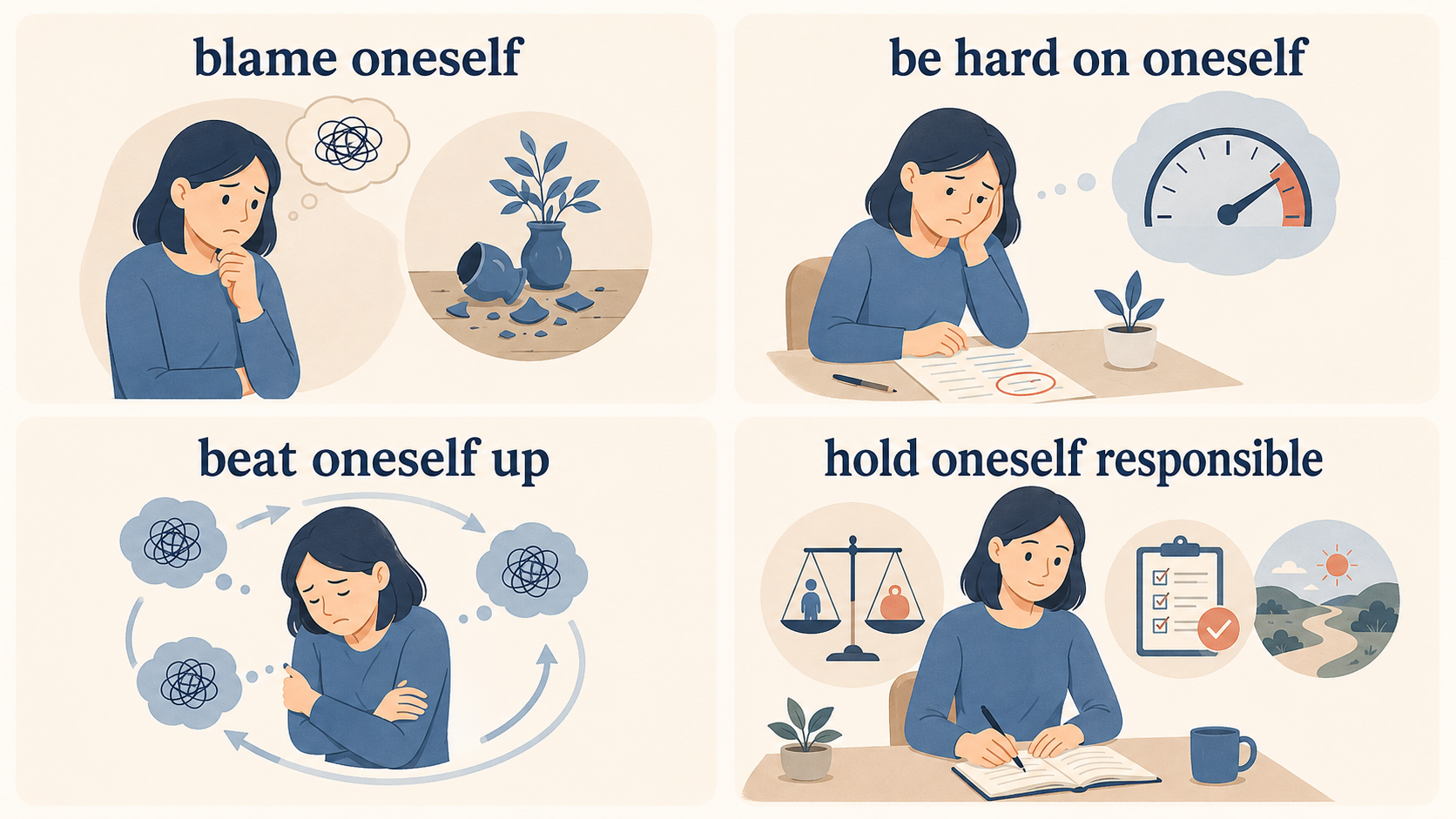 blame oneself・be hard on oneself・beat oneself up・hold oneself responsibleの違いを示すイラスト