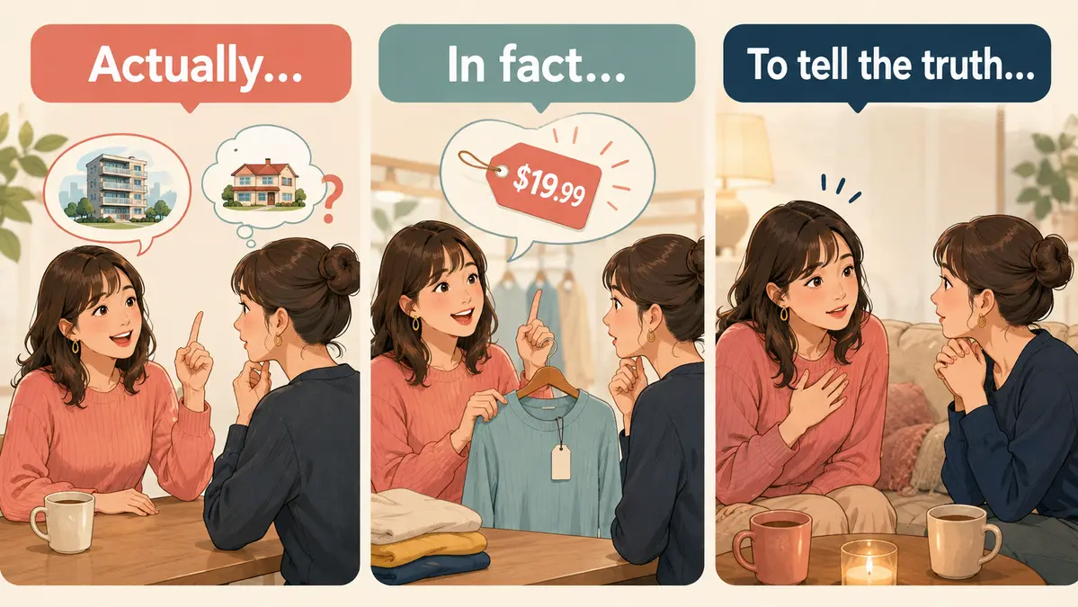 Actually・In fact・To tell the truthを3つの会話場面で比較したイラスト