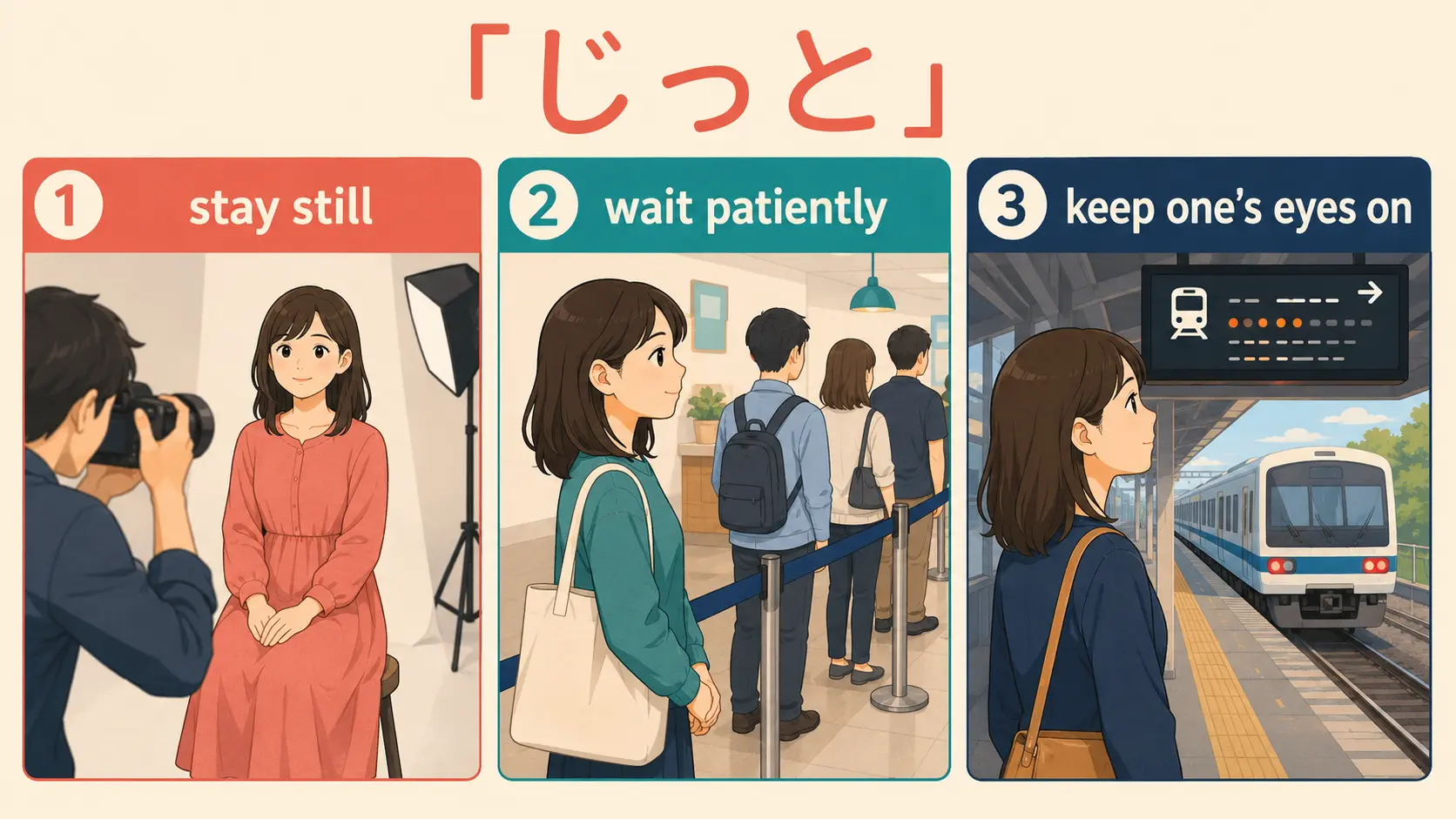 じっとをstay still、wait patiently、keep one’s eyes onに分けた比較図