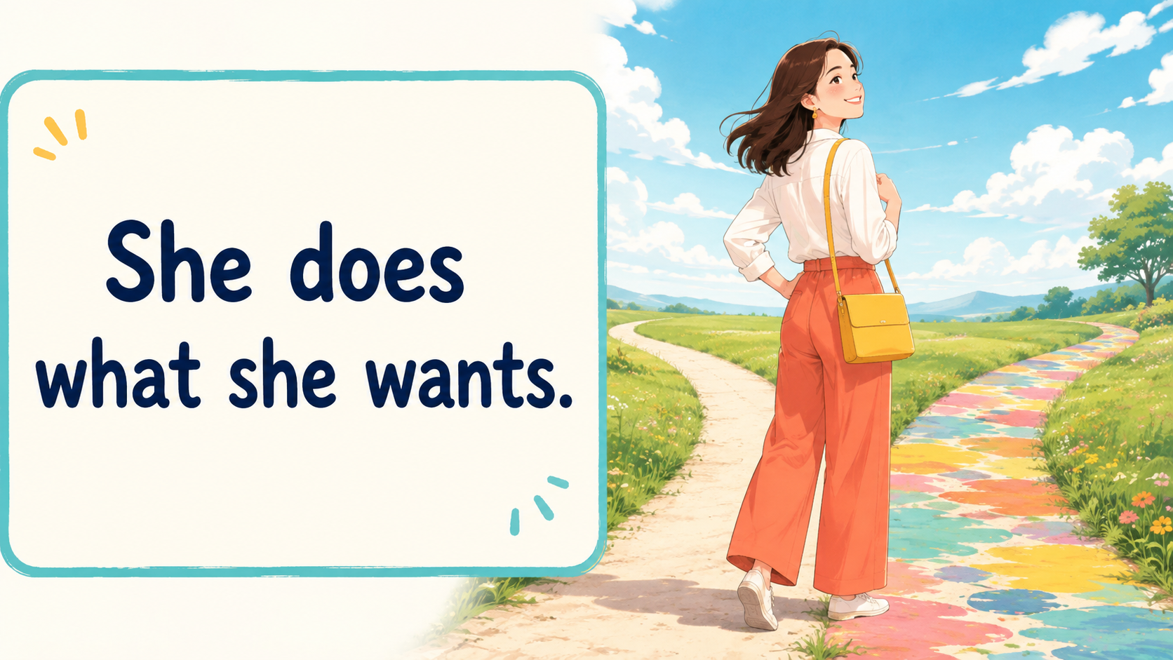 自由奔放を簡単な英語 She does what she wants. で表すイラスト