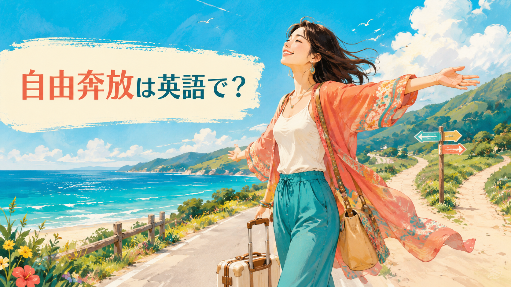 自由奔放を表す、自分らしく旅を楽しむ女性のイラスト