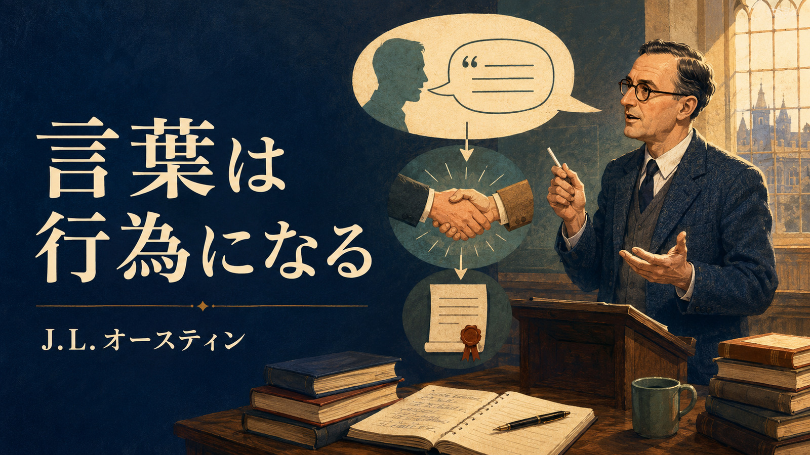J.L.オースティンと、言葉が約束などの行為になる発話行為論を表すイラスト