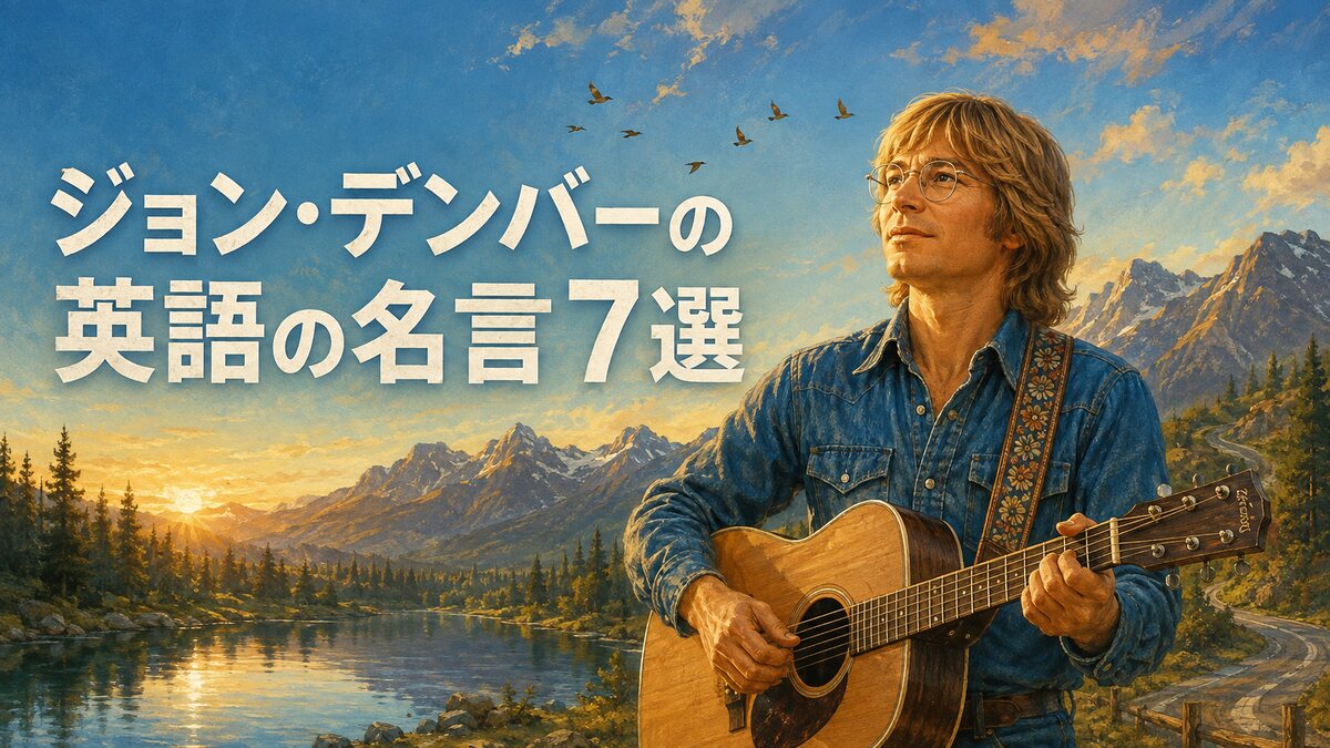 ロッキー山脈と湖を背景にギターを弾くジョン・デンバーを描いた英語の名言7選のイラスト