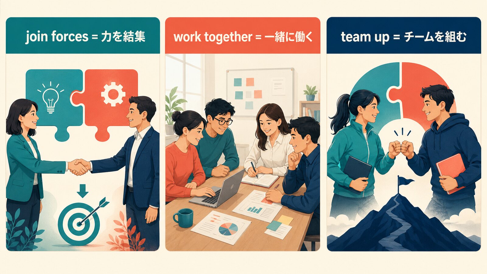 join forces・work together・team upのニュアンスの違いを3場面で比較した解説イラスト