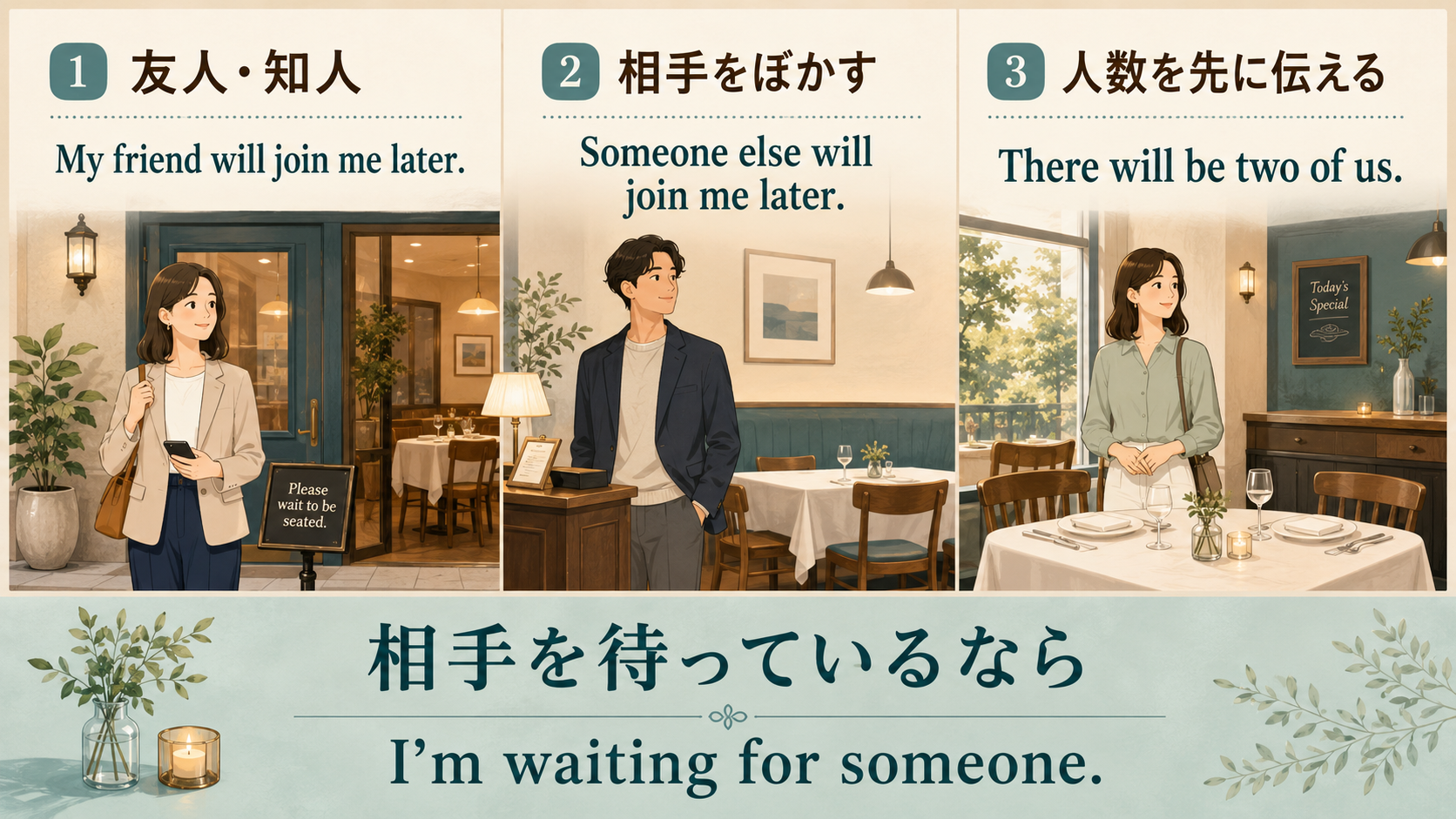 連れがあとから来るときの英語表現比較