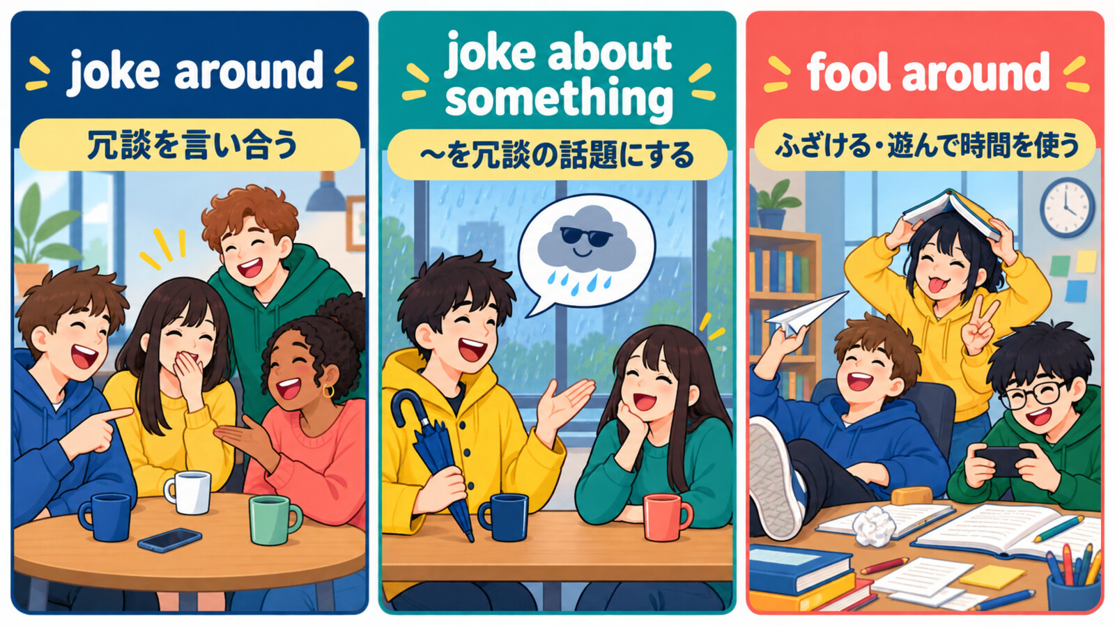 joke aroundとjoke about somethingとfool aroundの意味の違いを示す解説画像