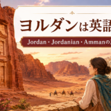 ヨルダンは英語で？Jordan・Jordanian・Ammanの違いを示すペトラ遺跡の横長イラスト