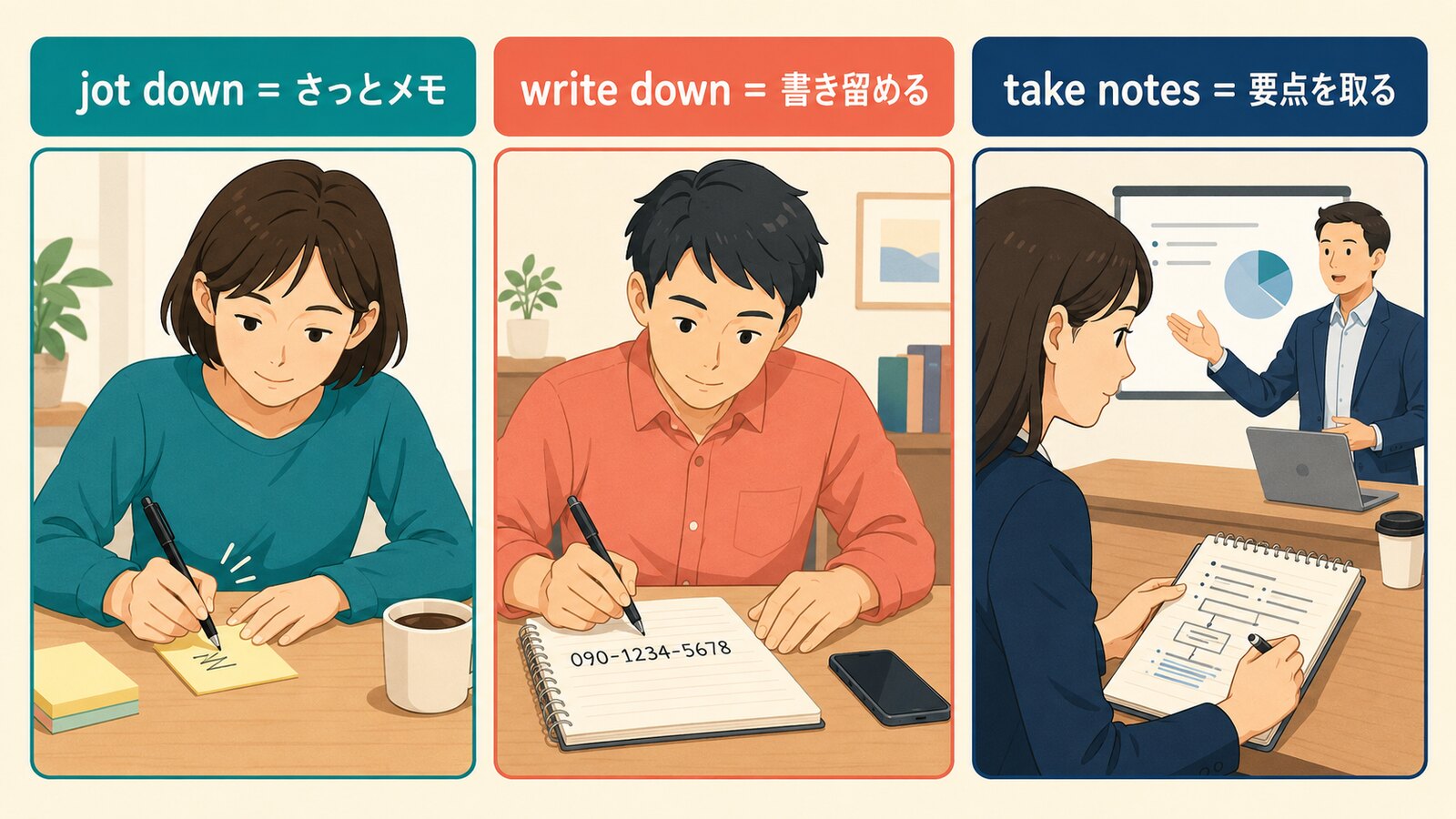 jot down・write down・take notesのニュアンスの違いを3場面で比較した解説イラスト