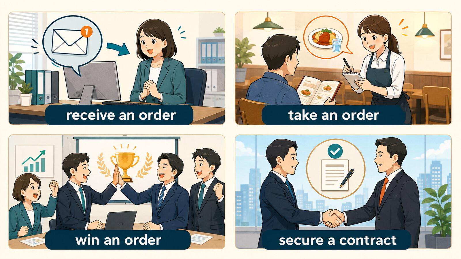 receive an order、take an order、win an order、secure a contractの違い