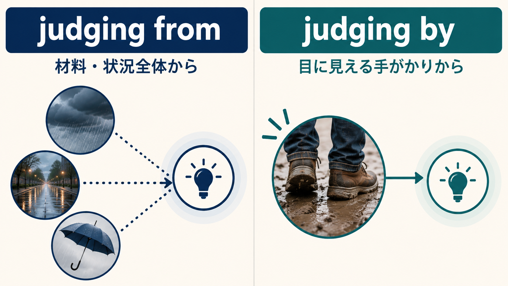 judging fromとjudging byのニュアンスの違いを比較した図解