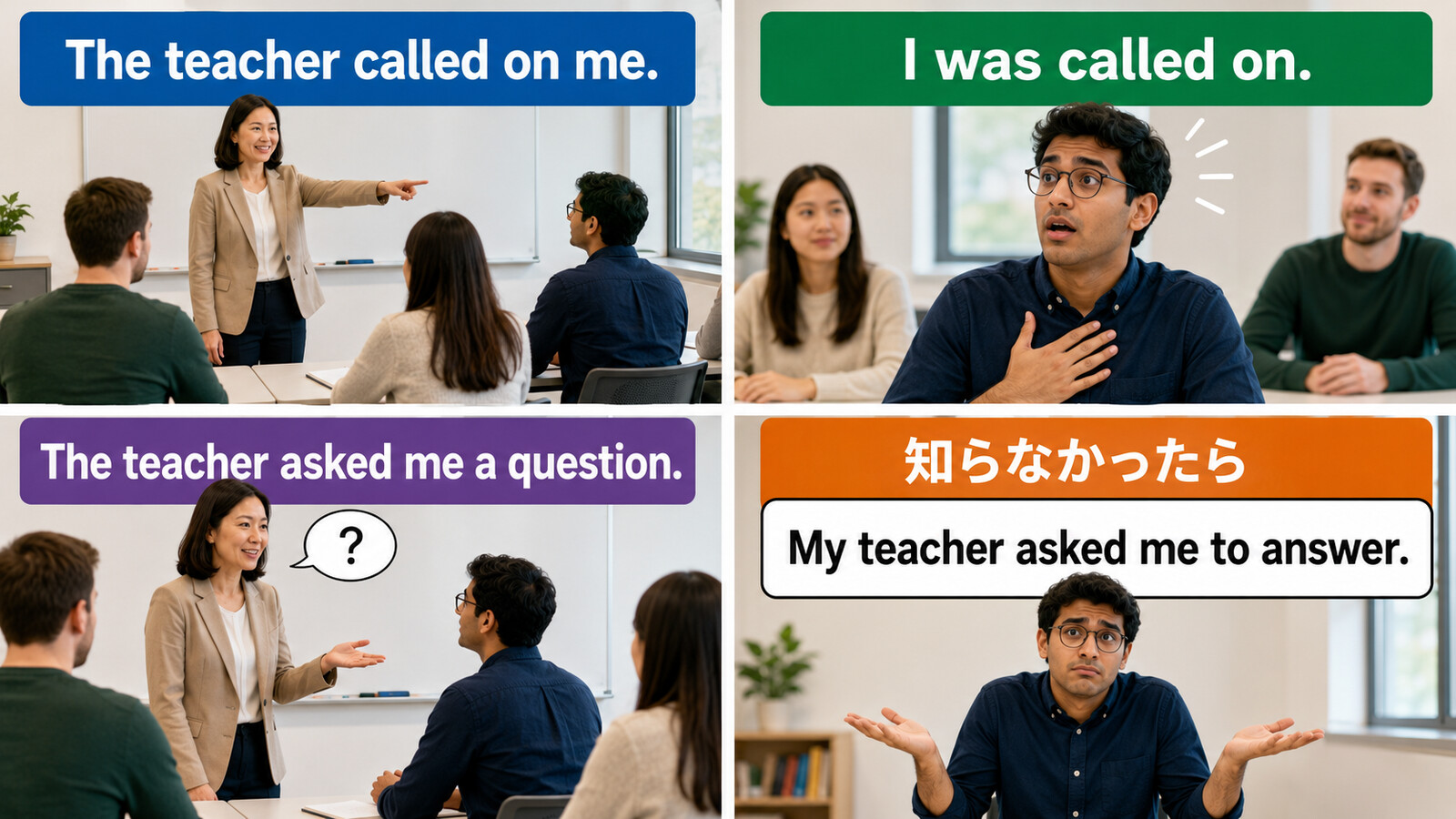 The teacher called on me・I was called on・My teacher asked me to answerの違い