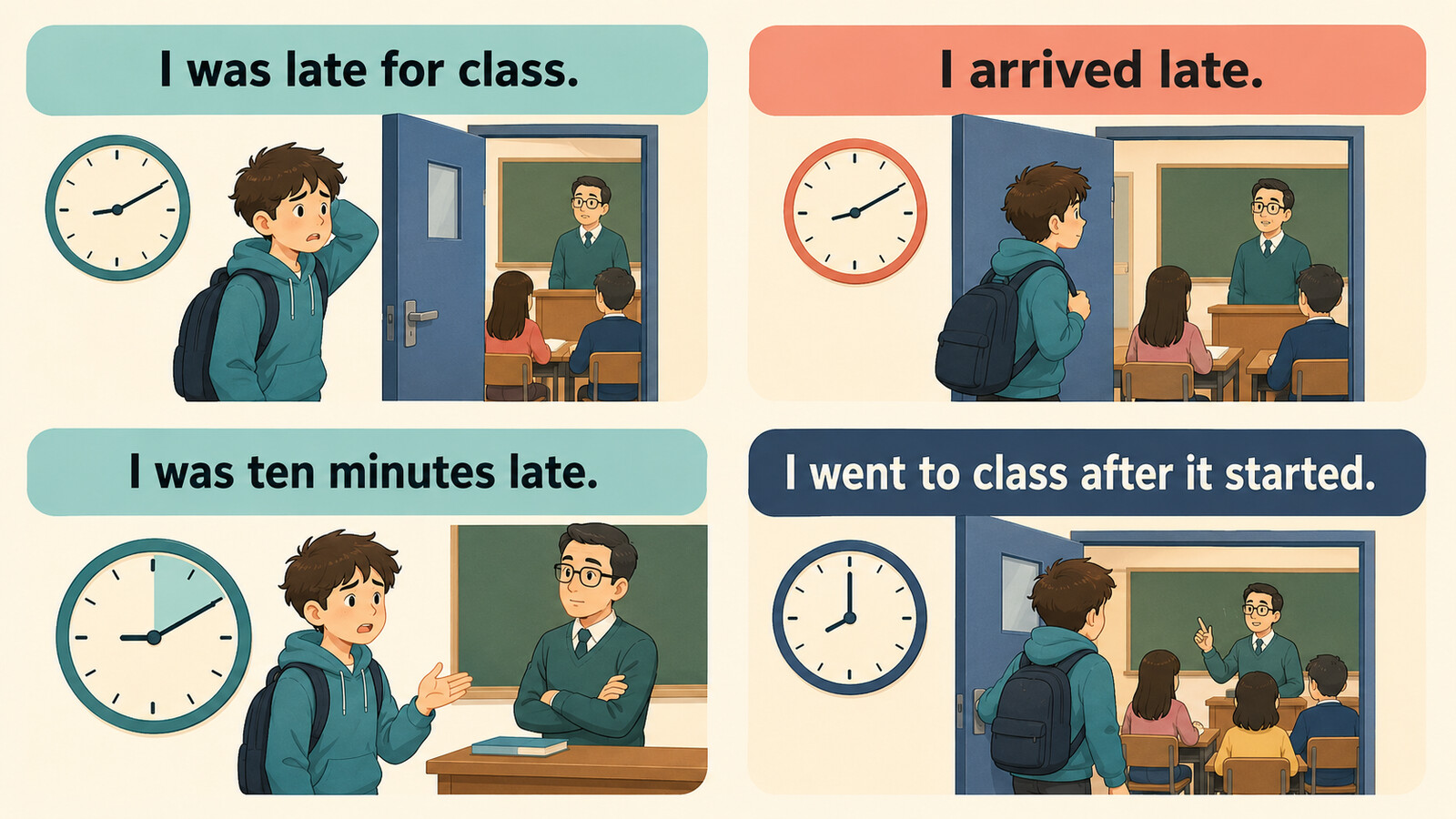 be late for class・arrive late・時間差・簡単な言い換えの比較