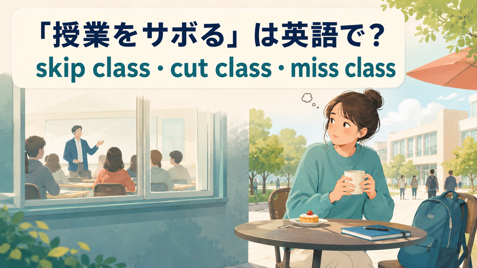 「授業をサボる」は英語でskip class・cut class・miss classと説明する大学キャンパスのイラスト