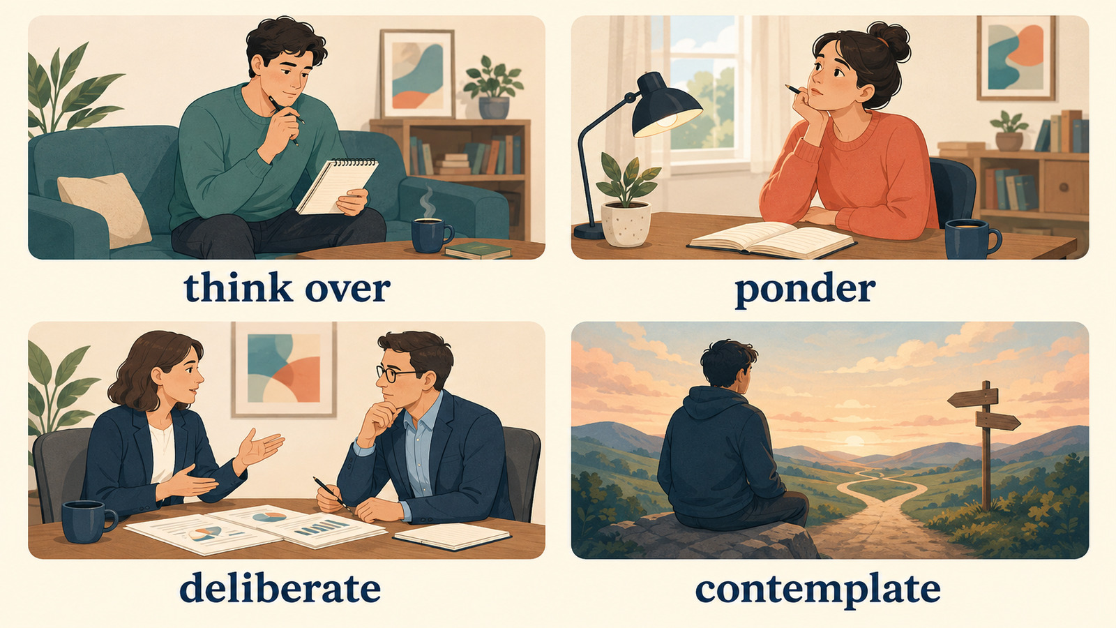 熟考するを表すthink over・ponder・deliberate・contemplateの違い