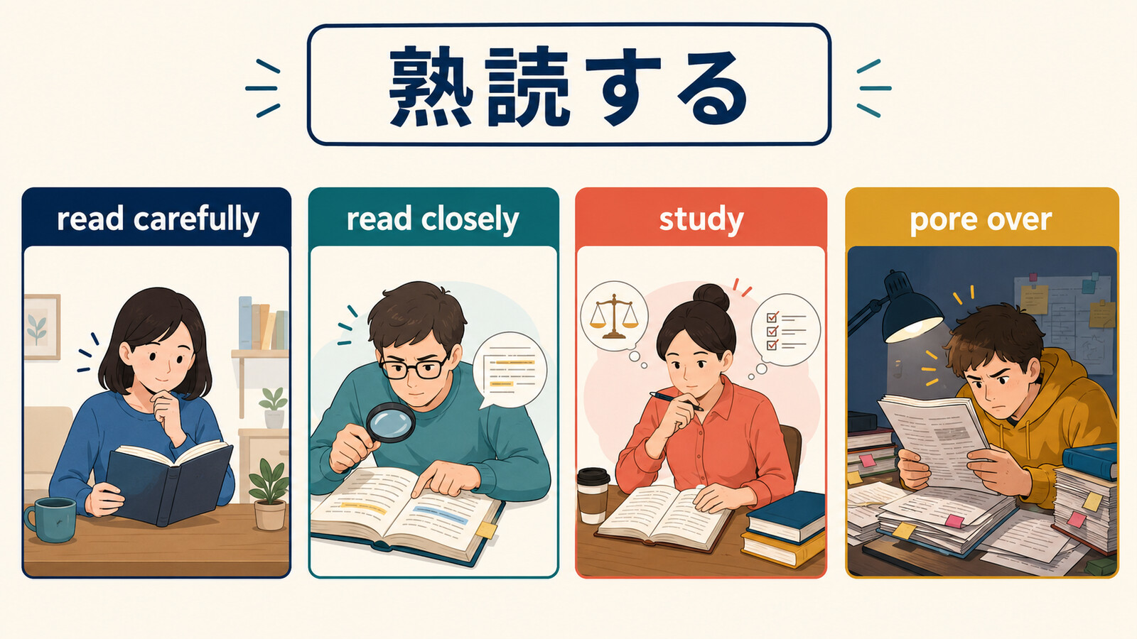 熟読するを表すread carefully・read closely・study・pore overの比較
