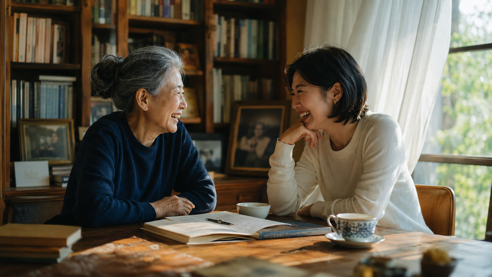 本のある部屋で世代の異なる架空の女性たちが語り合う様子