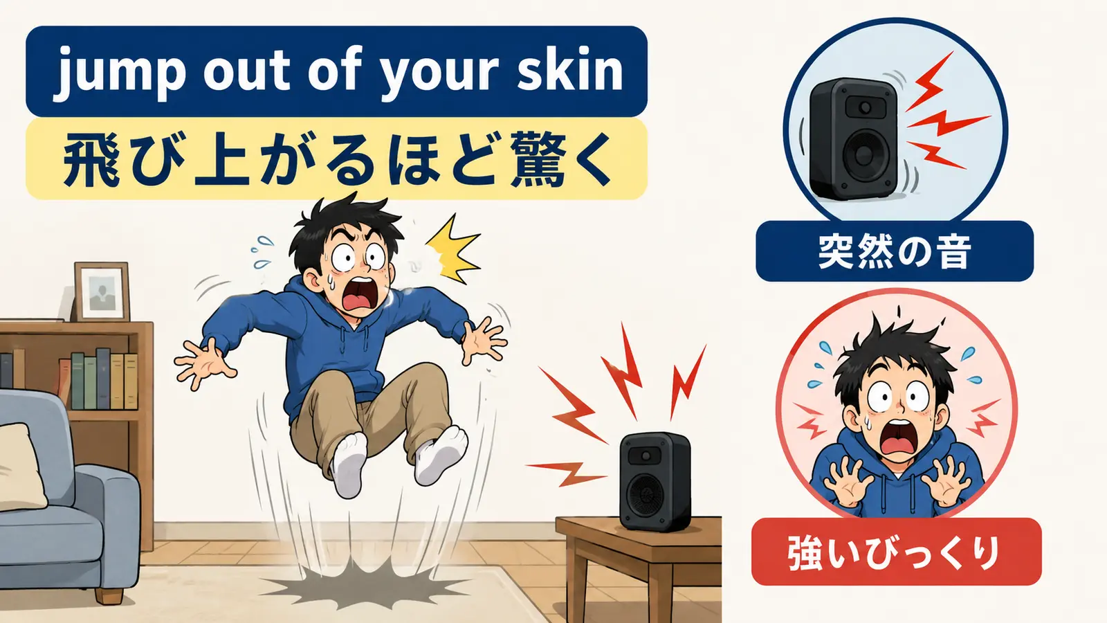 jump out of your skinの直訳と実際の意味を説明するイラスト